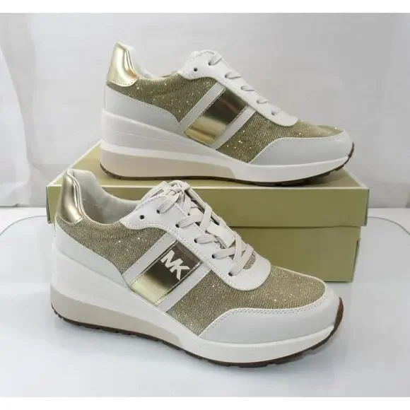 Michael Kors Mabel Trainer Wedge Sneakers Glitter Chain Mesh Pale Gold Size 10 - Picture 3 of 6